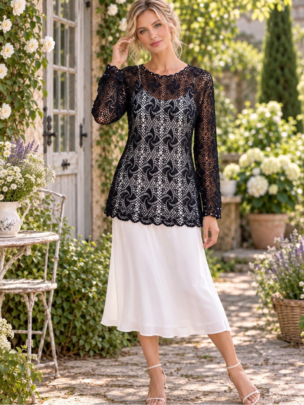 TOGETHER navy blue stretch crochet lace tunic with sequins & beads